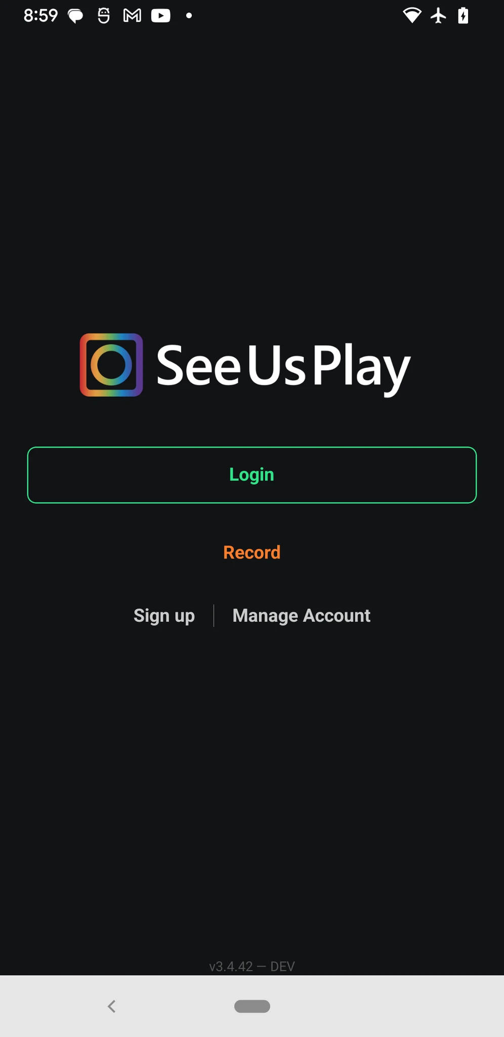 The SeeUsPlay mobile app login screen