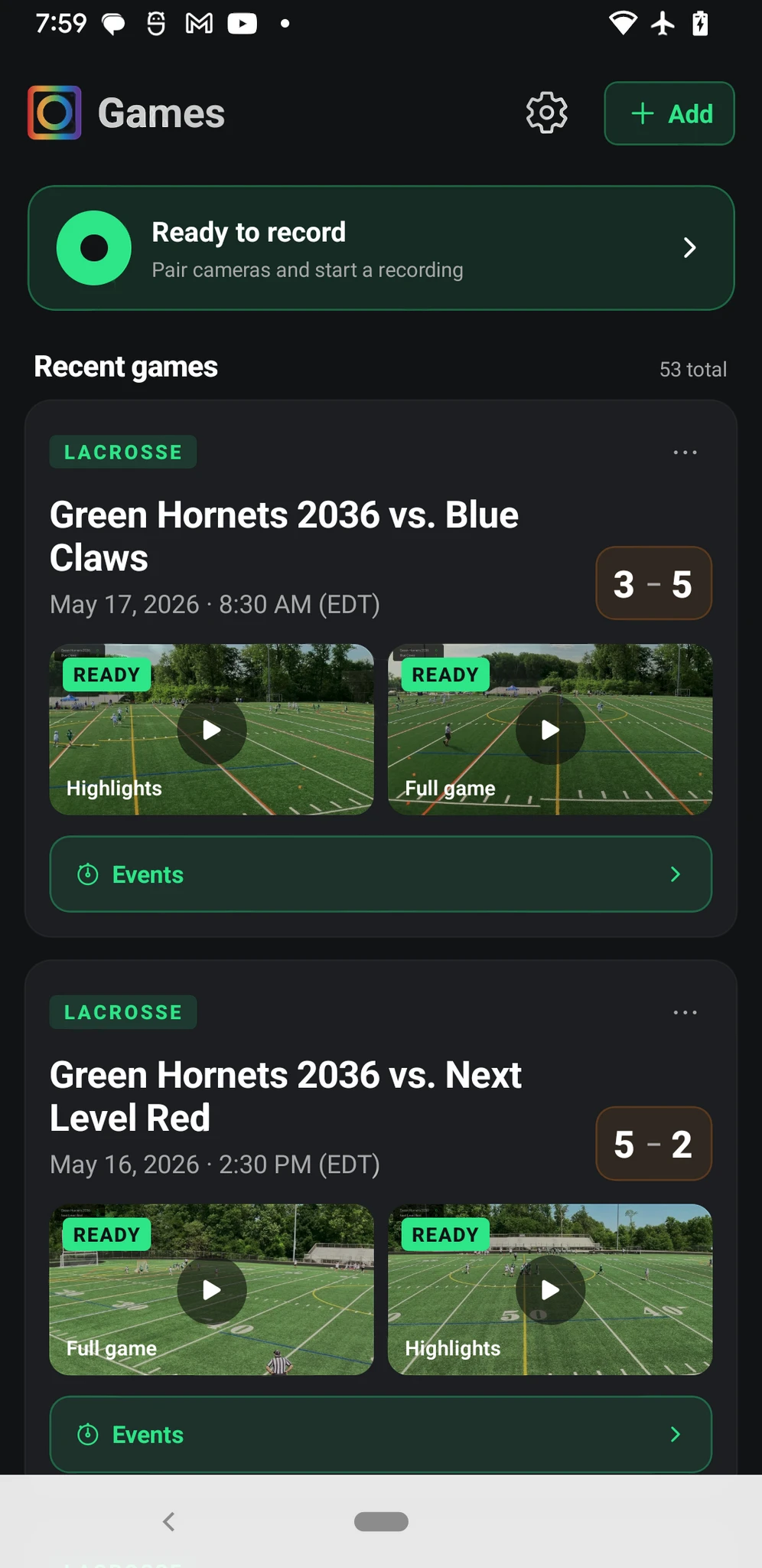 SeeUsPlay app showing game recordings