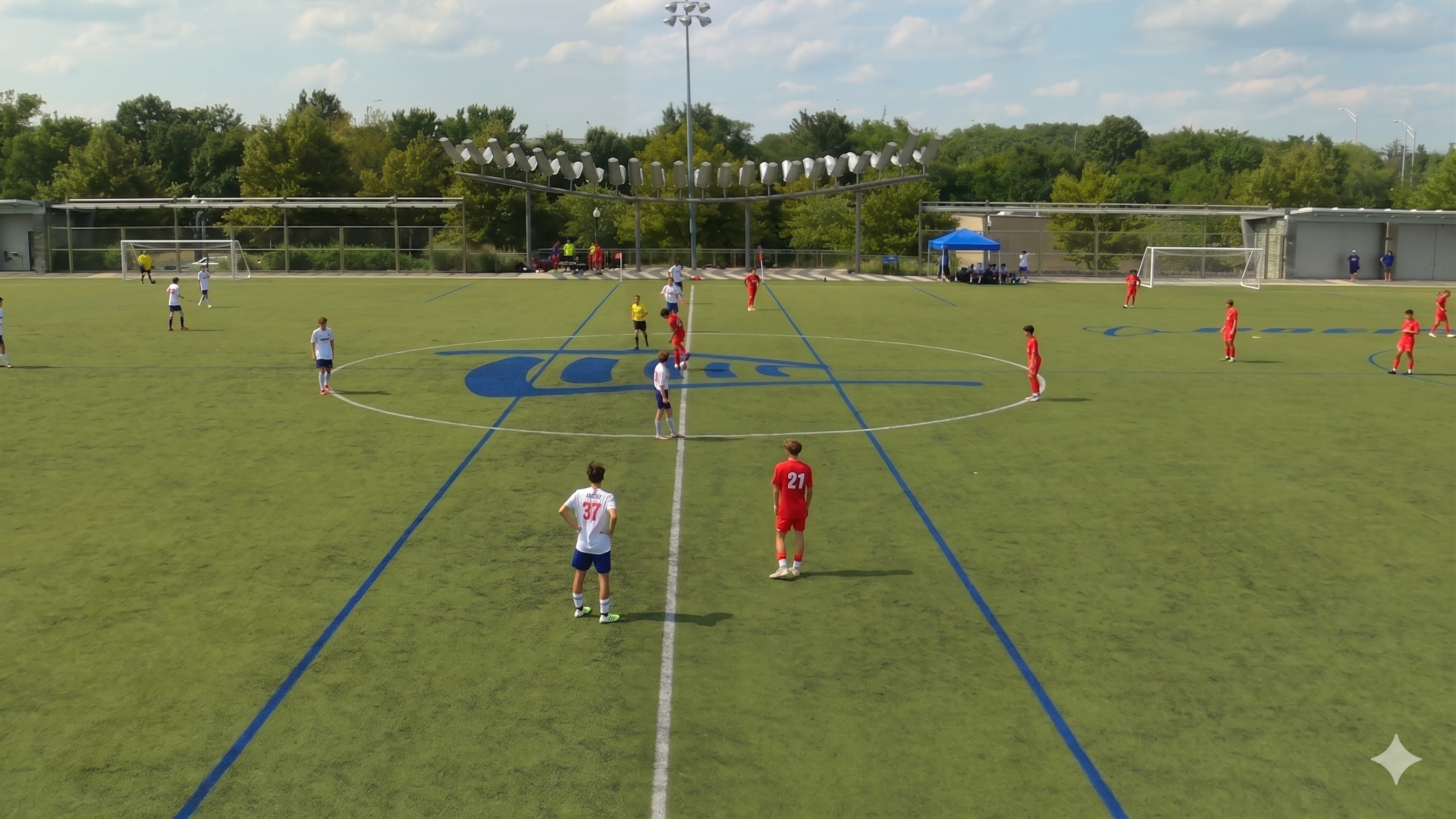 A boys' soccer match from the sideline, the kickoff