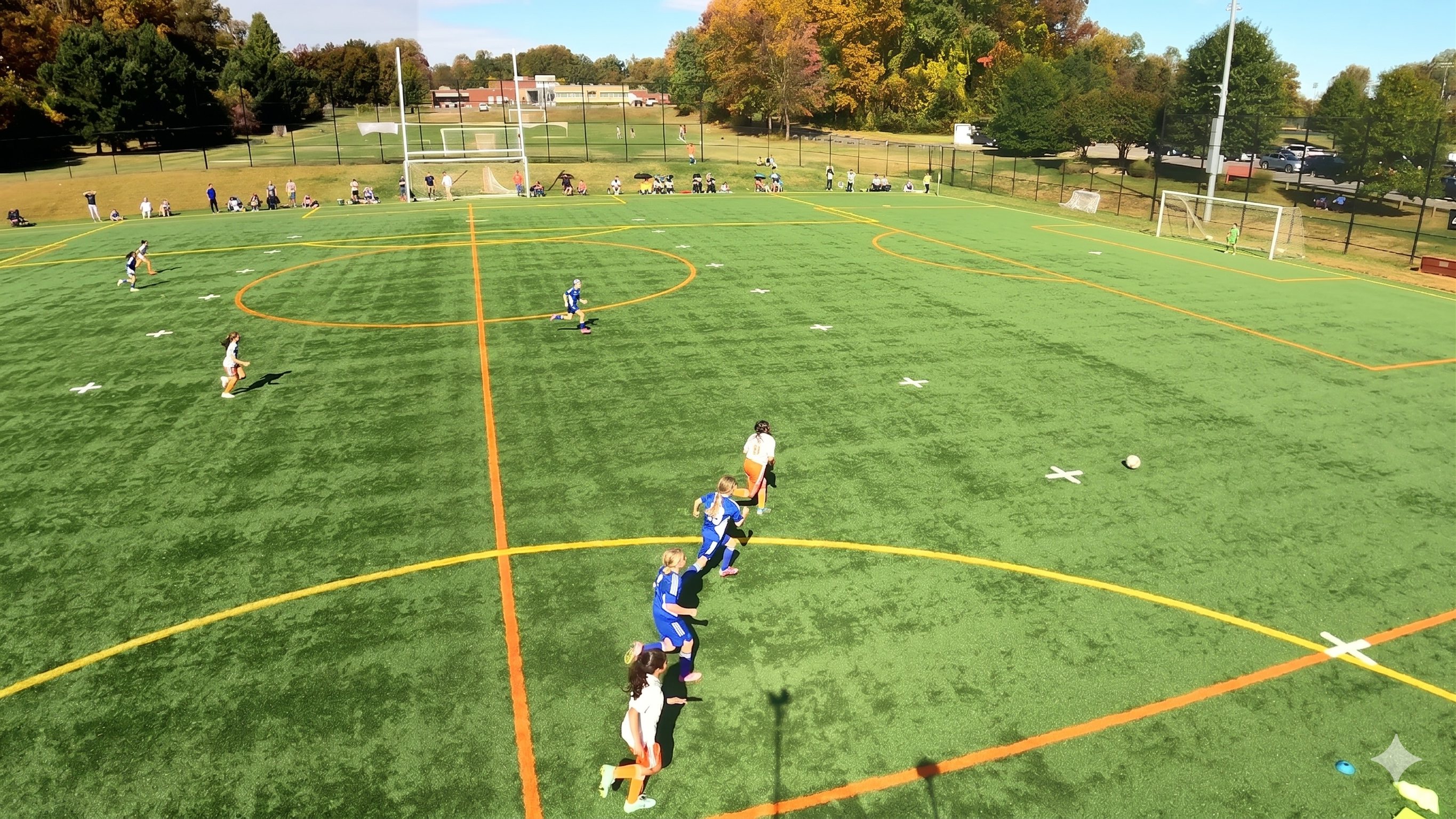 Aerial view of a U14 girls soccer game