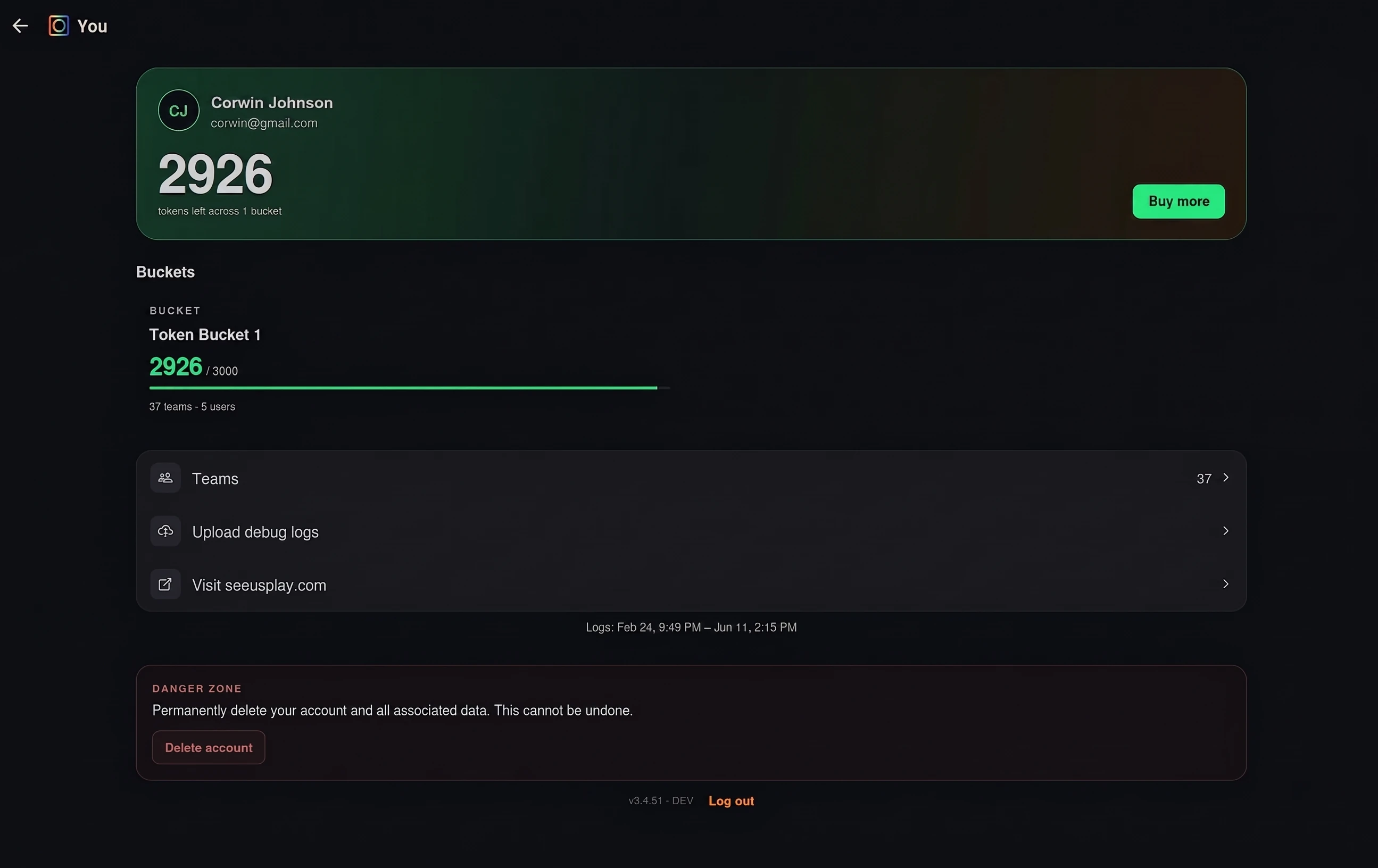 The SeeUsPlay web account view, showing token usage details