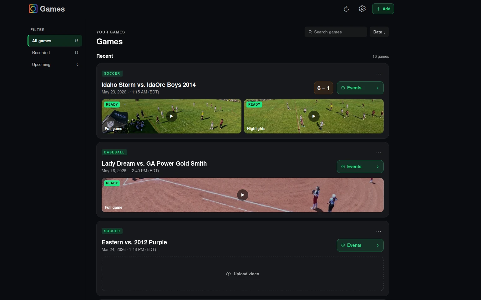 The SeeUsPlay web games view, showing per-game upload access